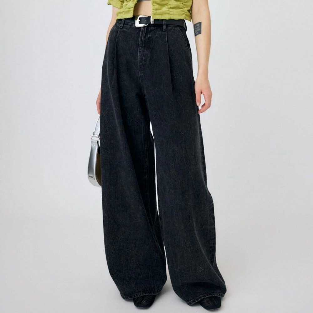 MOUSSY WAVY TUCK BAGGY Wide Leg Pleated Cropped Denim Jeans Pants 26 Size 1